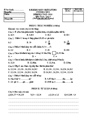 Bài khảo sát chất lượng cuối học kì I môn Toán Lớp 5 - Năm học 2023-2024 - Đề 4 (Có đáp án)