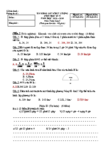Bài khảo sát chất lượng cuối học kì II môn Toán Lớp 5 - Năm học 2023-2024 (Có đáp án)