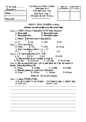 Bài khảo sát chất lượng cuối học kì II môn Toán Lớp 5 - Năm học 2022-2023 - Đề 1 (Có đáp án)
