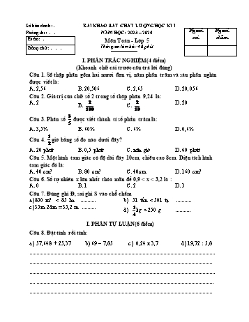 Bài khảo sát chất lượng học kì I môn Toán Lớp 5 - Năm học 2023-2024 - Đề 2 (Có đáp án)