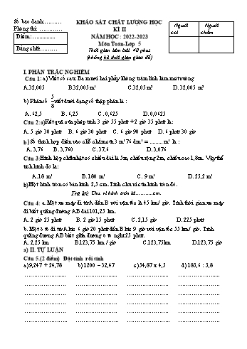 Bài khảo sát chất lượng học kì II môn Toán Lớp 5 - Năm học 2022-2023 (Có đáp án)