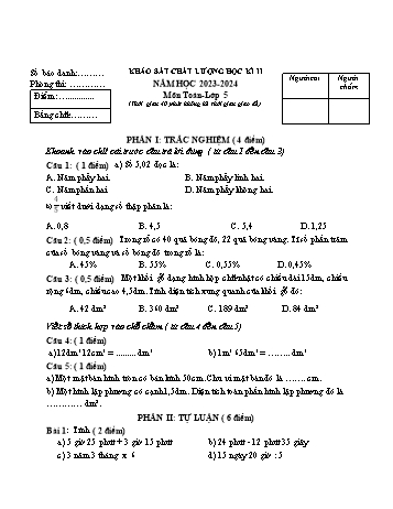 Bài khảo sát chất lượng học kì II môn Toán Lớp 5 - Năm học 2023-2024 - Đề 4