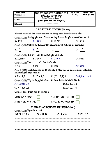 Bài khảo sát cuối học kì I môn Toán Lớp 5 - Năm học 2023-2024 - Đề 2 (Có đáp án)