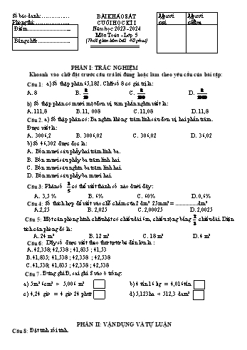 Bài khảo sát cuối học kì I môn Toán Lớp 5 - Năm học 2023-2024 - Đề 1 (Có đáp án)