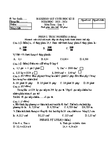 Bài khảo sát cuối học kì II môn Toán Lớp 5 - Năm học 2023-2024 - Đề 2