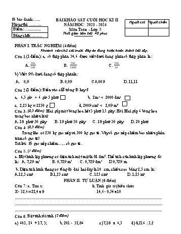Bài khảo sát cuối học kì II môn Toán Lớp 5 - Năm học 2023-2024 - Đề 1