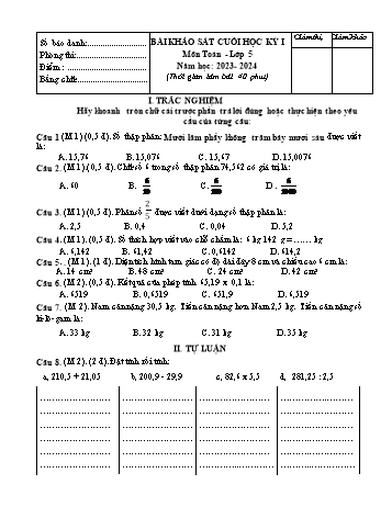 Bài khảo sát cuối học kỳ I môn Toán Lớp 5 - Năm học 2023-2024 (Có đáp án)