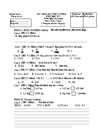 Bài kiểm tra chất lượng cuối học kì I môn Toán Lớp 5 - Năm học 2023-2024 (Có đáp án)
