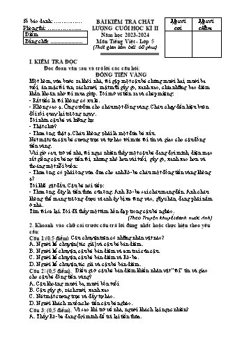 Bài kiểm tra chất lượng cuối học kì II môn Tiếng Việt Lớp 5 - Năm học 2023-2024 - Đề 3 (Có đáp án)