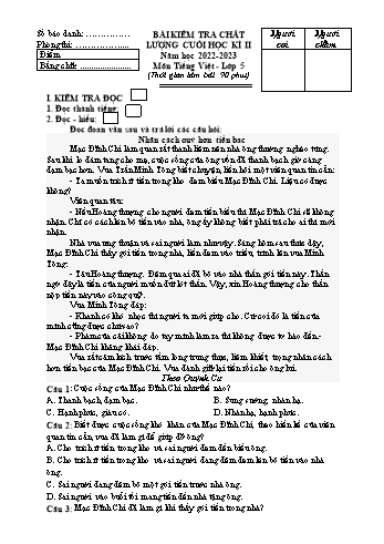 Bài kiểm tra chất lượng cuối học kì II môn Tiếng Việt Lớp 5 - Năm học 2022-2023 - Đề 2 (Có đáp án)