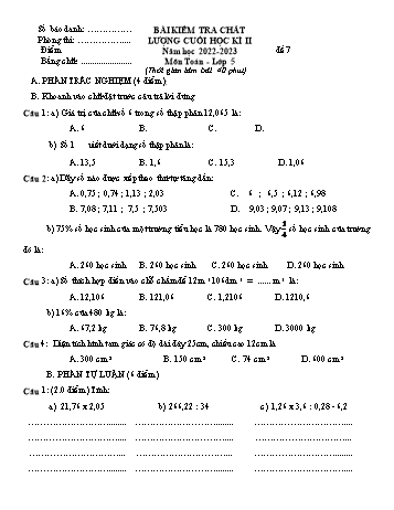 Bài kiểm tra chất lượng cuối học kì II môn Toán Lớp 5 - Năm học 2022-2023 - Đề số 7