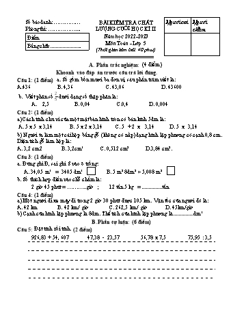 Bài kiểm tra chất lượng cuối học kì II môn Toán Lớp 5 - Năm học 2022-2023 - Đề 2