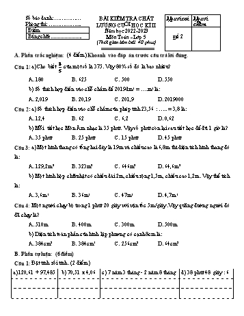 Bài kiểm tra chất lượng cuối học kì II môn Toán Lớp 5 - Năm học 2022-2023 - Đề số 2