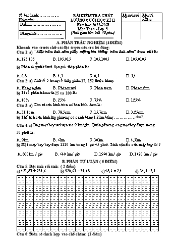 Bài kiểm tra chất lượng cuối học kì II môn Toán Lớp 5 - Năm học 2022-2023 (Có đáp án)