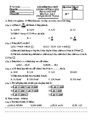 Bài kiểm tra chất lượng cuối học kì II môn Toán Lớp 5 - Năm học 2022-2023 - Đề số 6