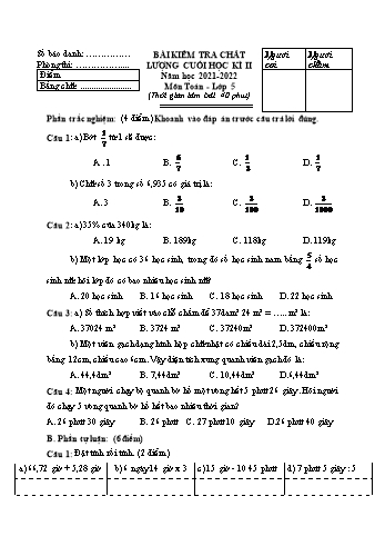 Bài kiểm tra chất lượng cuối học kì II môn Toán Lớp 5 - Năm học 2021-2022 - Đề 1