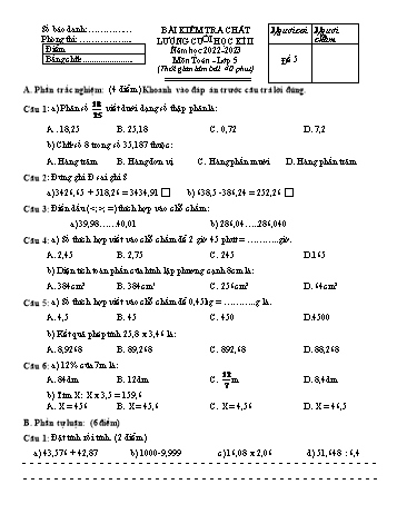 Bài kiểm tra chất lượng cuối học kì II môn Toán Lớp 5 - Năm học 2022-2023 - Đề số 5