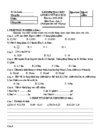 Bài kiểm tra chất lượng cuối học kì II môn Toán Lớp 5 - Năm học 2022-2023 - Đề 1