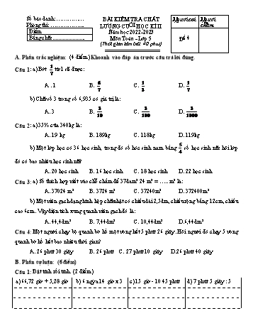 Bài kiểm tra chất lượng cuối học kì II môn Toán Lớp 5 - Năm học 2022-2023 - Đề số 4
