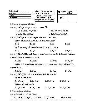 Bài kiểm tra chất lượng cuối học kì II môn Toán Lớp 5 - Năm học 2022-2023 - Đề số 1