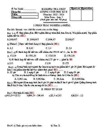 Bài kiểm tra chất lượng cuối học kì II môn Toán Lớp 5 - Năm học 2023-2024 - Đề 2