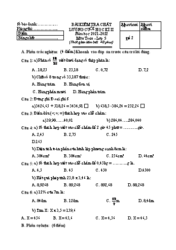 Bài kiểm tra chất lượng cuối học kì II môn Toán Lớp 5 - Năm học 2021-2022 - Đề 2