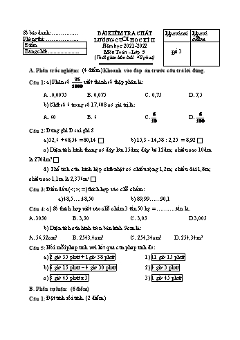 Bài kiểm tra chất lượng cuối học kì II môn Toán Lớp 5 - Năm học 2021-2022 - Đề 3