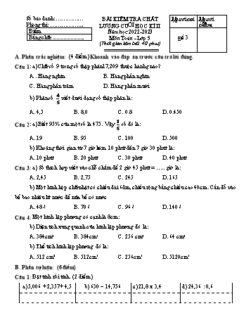Bài kiểm tra chất lượng cuối học kì II môn Toán Lớp 5 - Năm học 2022-2023 - Đề số 3