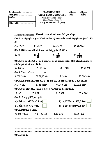 Bài kiểm tra chất lượng học kì I môn Toán Lớp 5 - Năm học 2023-2024 (Có đáp án)