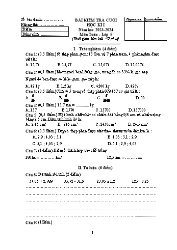 Bài kiểm tra cuối học kì I môn Toán Lớp 5 - Năm học 2023-2024 (Có đáp án)