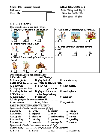 Bài kiểm tra cuối kì 1 môn Tiếng Anh Lớp 5 - Năm học 2023-2024 - Trường Tiểu học Nguyệt Đức