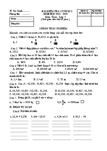 Bài kiểm tra cuối kì I môn Toán Lớp 5 - Năm học 2023-2024 (Có đáp án)