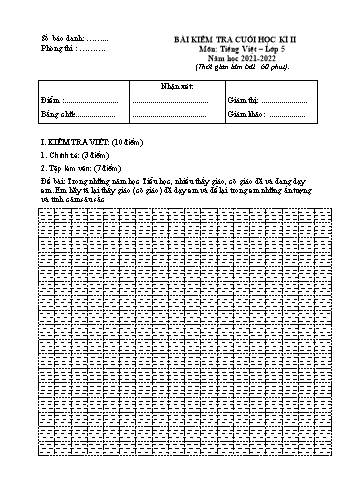 Bài kiểm tra cuối kỳ II môn Tiếng Việt Lớp 5 - Năm học 2021-2022 (Có đáp án)