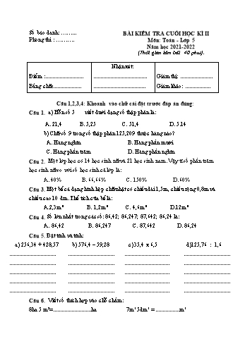 Bài kiểm tra cuối kỳ II môn Toán Lớp 5 - Năm học 2021-2022 (Có đáp án)