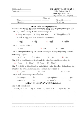Bài kiểm tra cuối kỳ II môn Toán Lớp 5 - Năm học 2022-2023 (Có đáp án)