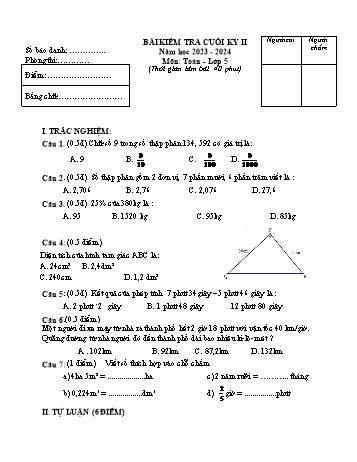 Bài kiểm tra cuối kỳ II môn Toán Lớp 5 - Năm học 2023-2024 (Có đáp án)
