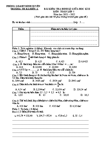 Bài kiểm tra định kì giữa học kì II môn Toán Lớp 5 - Năm học 2023-2024 - Trường Tiểu học Bá Hiến A (Có đáp án)