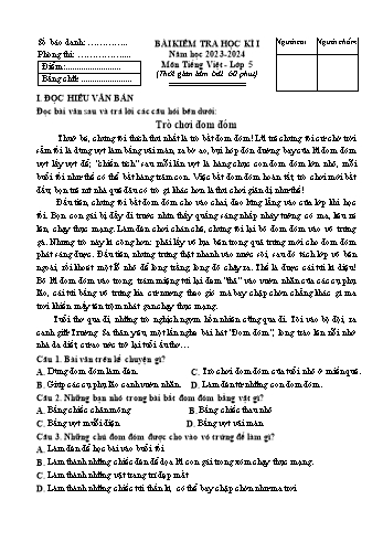 Bài kiểm tra học kì I môn Tiếng Việt Lớp 5 - Năm học 2023-2024 - Đề 1 (Có đáp án)