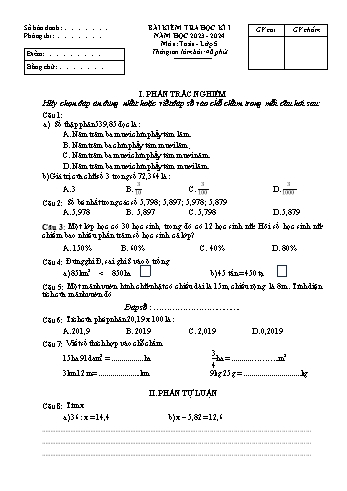 Bài kiểm tra học kì I môn Toán Lớp 5 - Năm học 2023-2024 - Đề 1 (Có đáp án)