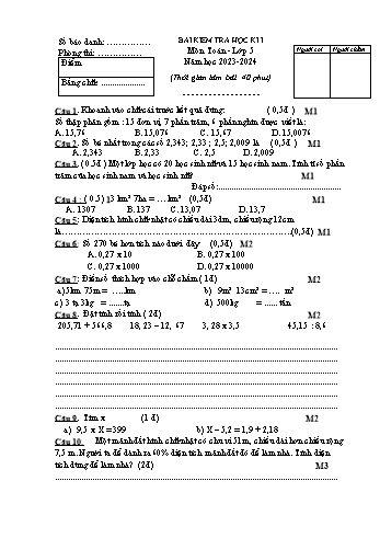 Bài kiểm tra học kì I môn Toán Lớp 5 - Năm học 2023-2024 - Đề 3 (Có đáp án)