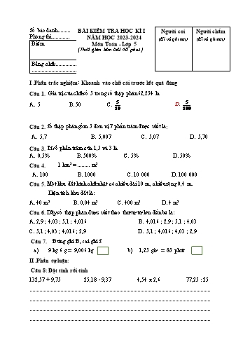 Bài kiểm tra học kì I môn Toán Lớp 5 - Năm học 2023-2024 - Đề 4 (Có đáp án)