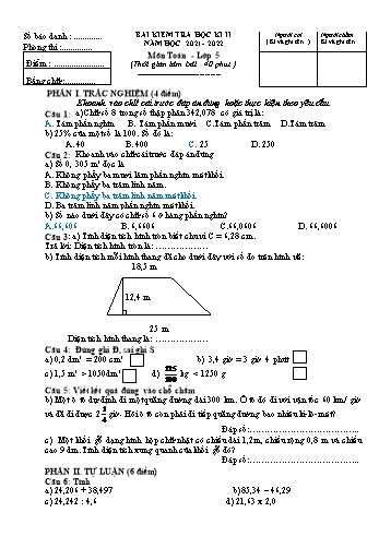 Bài kiểm tra học kì II môn Toán Lớp 5 - Năm học 2021-2022 (Có đáp án)