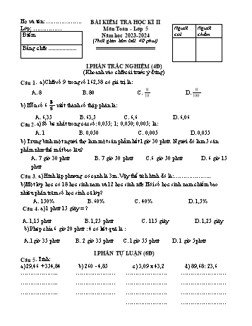 Bài kiểm tra học kì II môn Toán Lớp 5 - Năm học 2023-2024 - Đề 1