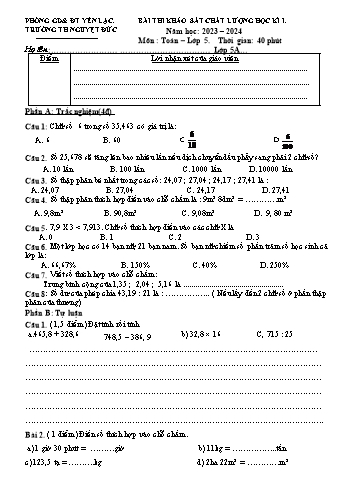 Bài thi khảo sát chất lượng học kì I môn Toán Lớp 5 - Năm học 2023-2024 - Trường Tiểu học Nguyệt Đức