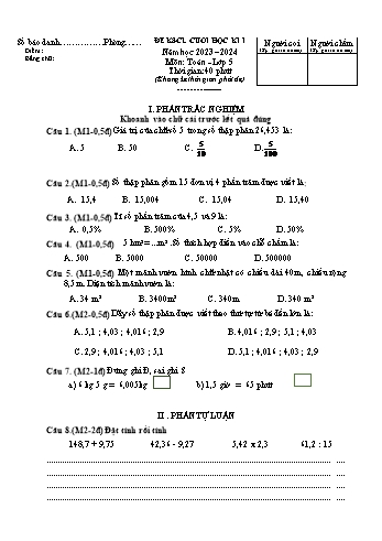 Đề khảo sát chất lượng cuối học kì I môn Toán Lớp 5 - Năm học 2023-2024 - Đề 1 (Có đáp án)