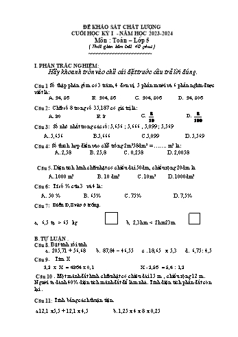 Đề khảo sát chất lượng cuối học kỳ I môn Toán Lớp 5 - Năm học 2023-2024 (Có đáp án)