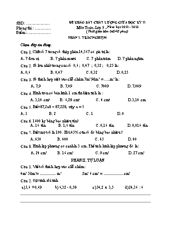 Đề khảo sát chất lượng giữa học kỳ II môn Toán Lớp 5 - Năm học 2022-2023