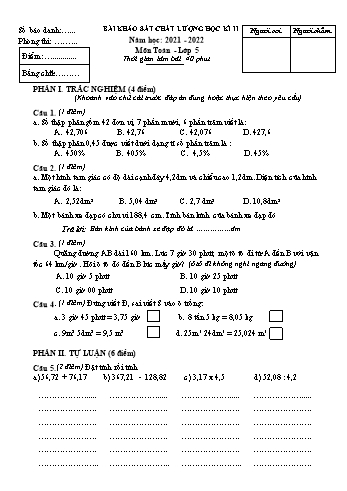 Đề khảo sát chất lượng học kì II môn Toán Lớp 5 - Năm học 2021-2022