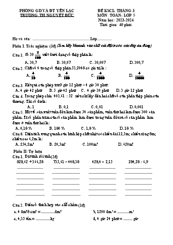 Đề khảo sát chất lượng tháng 3 môn Toán Lớp 5 - Năm học 2023-2024 - Trường Tiểu học Nguyệt Đức (Có đáp án)
