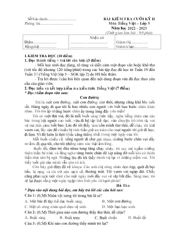 Đề kiểm tra cuối học kì II môn Tiếng Việt Lớp 5 - Năm học 2022-2023 - Trường Tiểu học Hùng Tiến (Có đáp án)